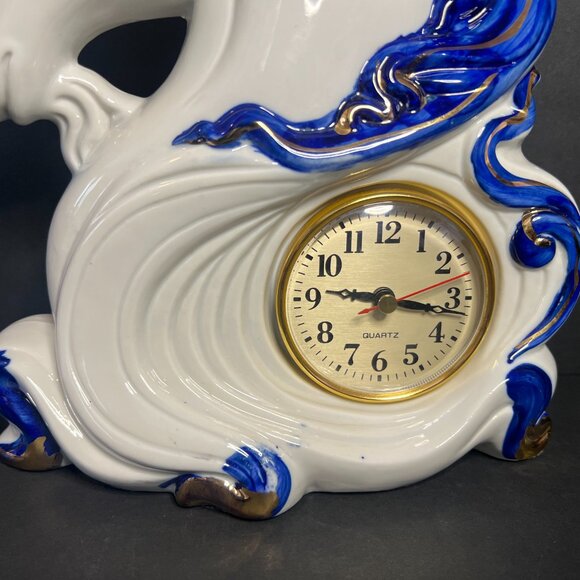 Vintage RARE Hand Painted Porcelain Blue & White Gold Unicorn Quartz Table Clock - Picture 4 of 12